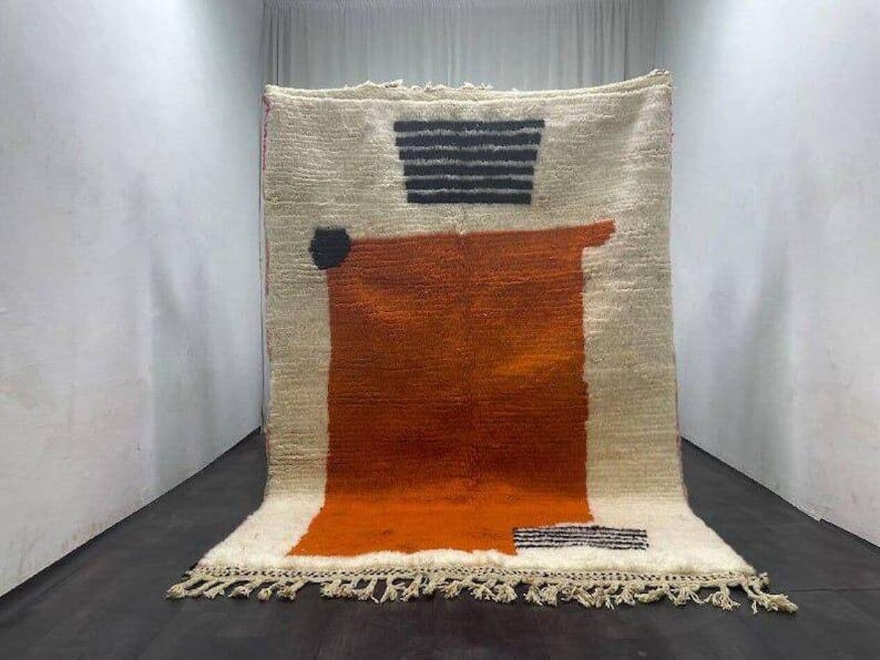 Ręcznie tkany dywan 200x300 cm, wełna, beżowy, pomarańczowy, czarny, Maroko - 209470