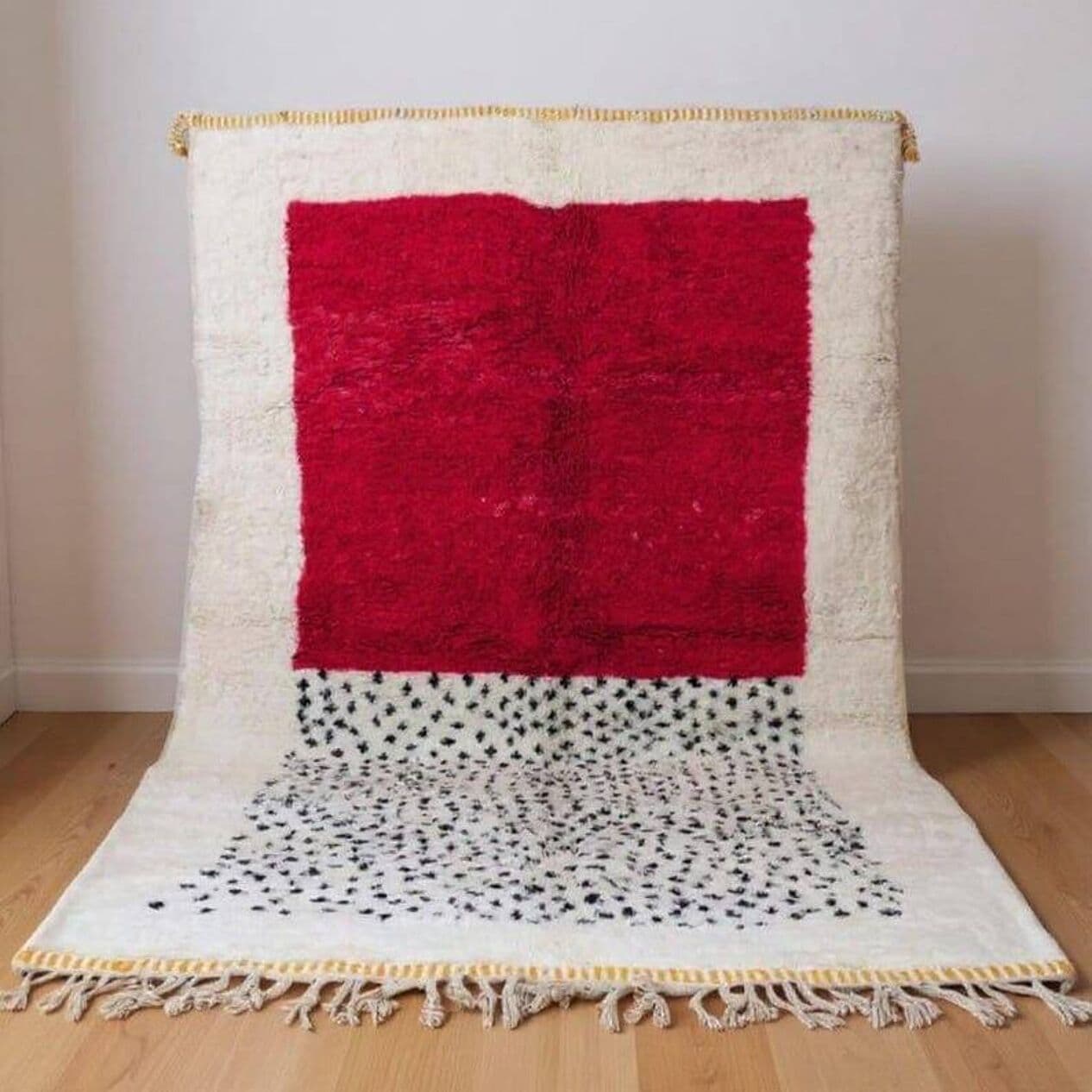 Ręcznie tkany dywan 150x250 cm, wełna, czerwony, kremowy, czarny, żółty, Maroko - 209355