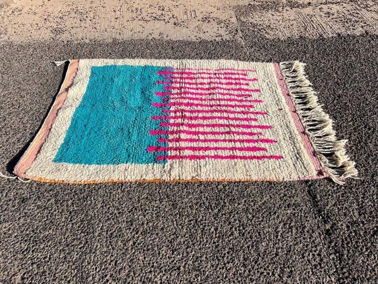 Ręcznie tkany dywan 150x250 cm, wełna, beżowy, zielony, różowy, Maroko - 209885