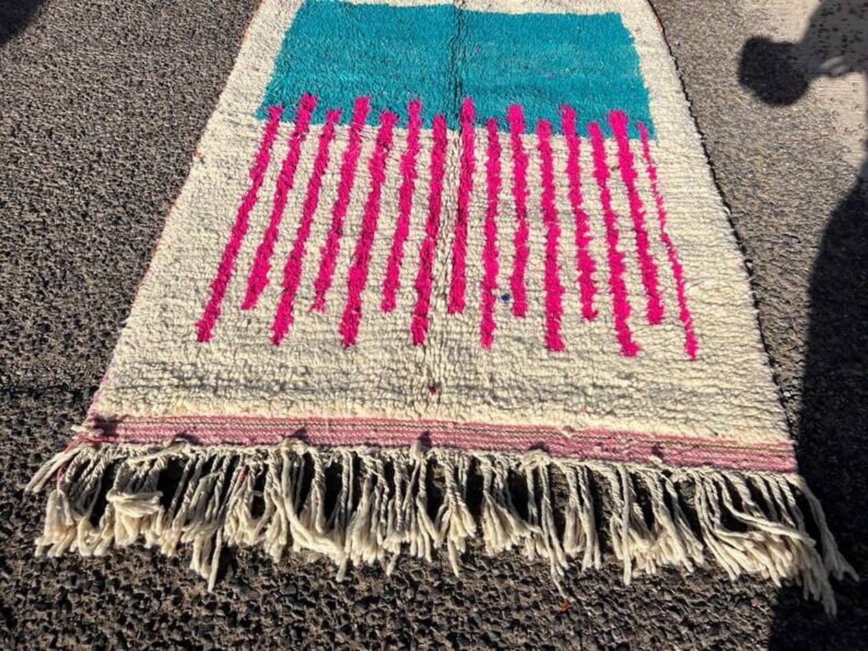 Ręcznie tkany dywan 150x250 cm, wełna, beżowy, zielony, różowy, Maroko - 209890