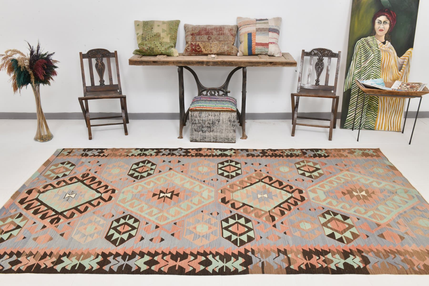 Kilim 168x313 cm, lavender, brown, wool, Turkey, 1970s. - 210201