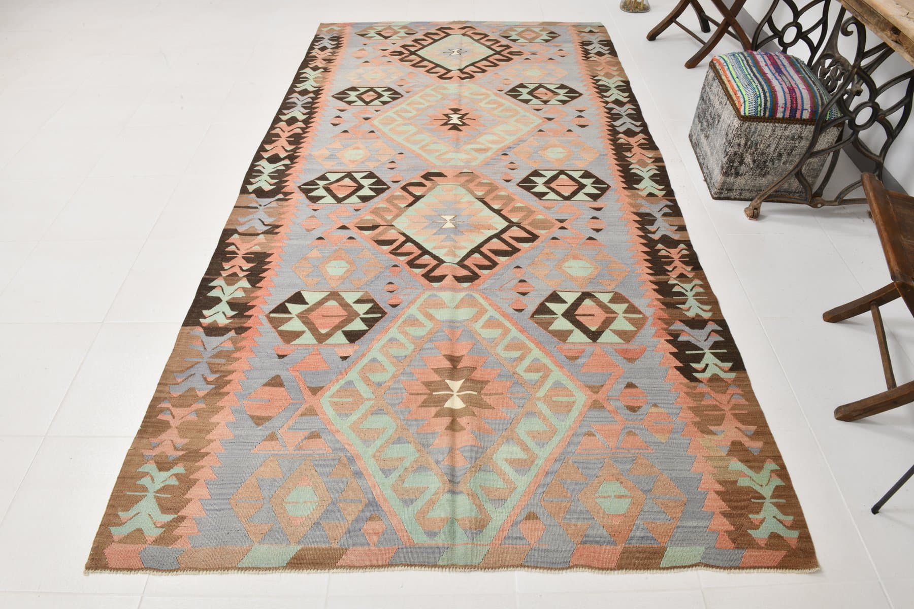 Kilim 168x313 cm, lavender, brown, wool, Turkey, 1970s. - 210202