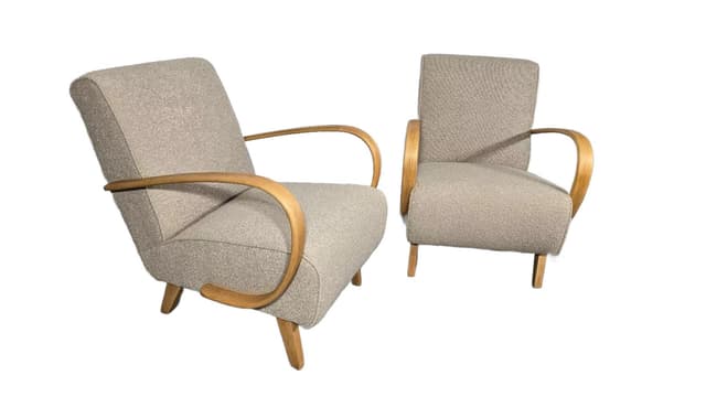 Para foteli H 410, bouclé ivory white, orzech, proj. J. Halabala, UP Závody, Czechosłowacja, lata 60. - WYMIARY