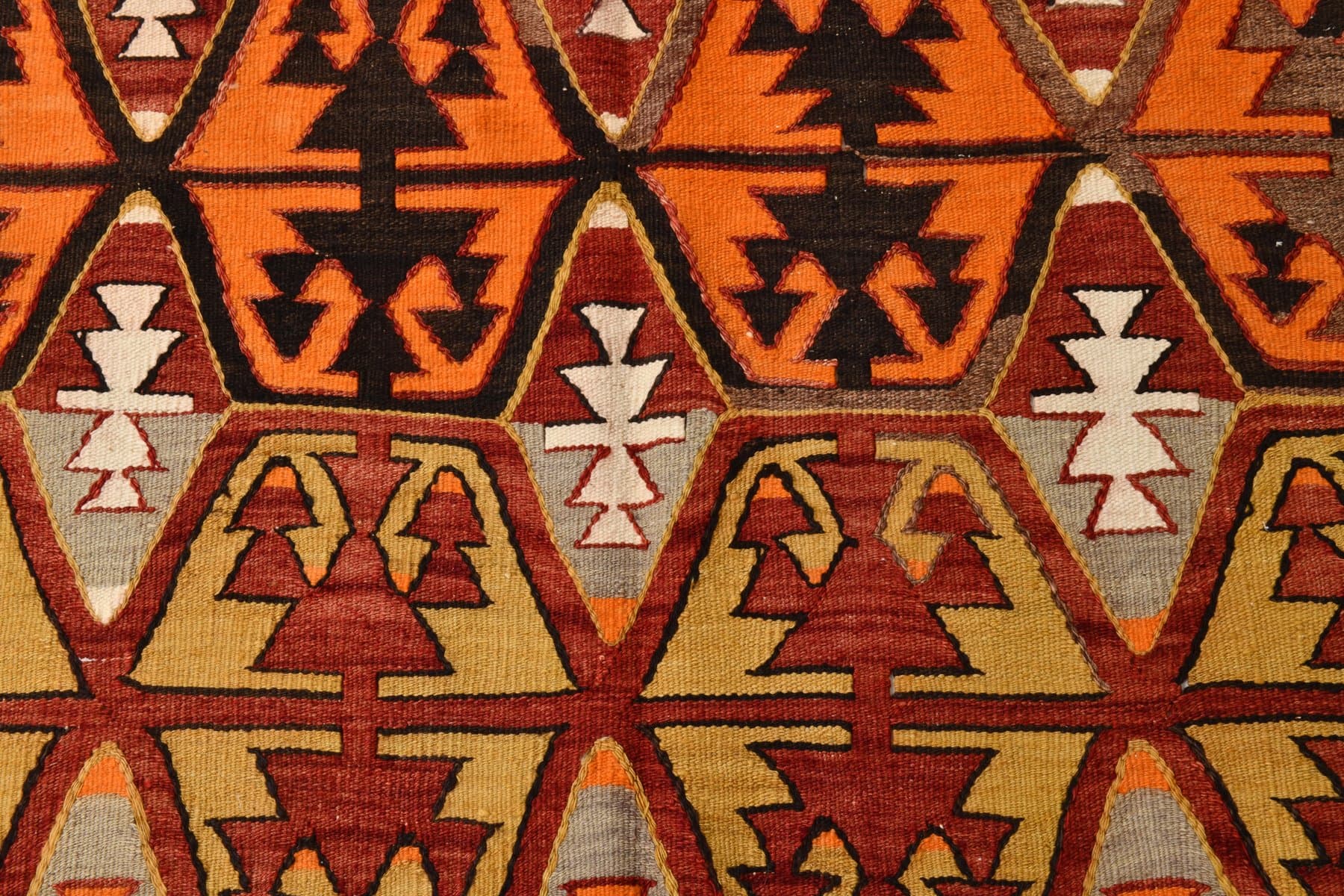 Kilim 140x327 cm, brązowy, pomarańczowy, wełna, lata 70. - 210402