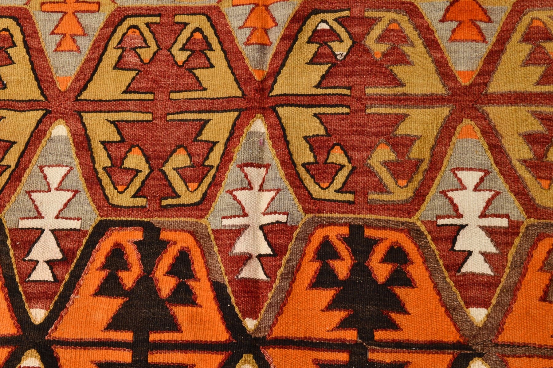 Kilim 140x327 cm, brązowy, pomarańczowy, wełna, lata 70. - 210403