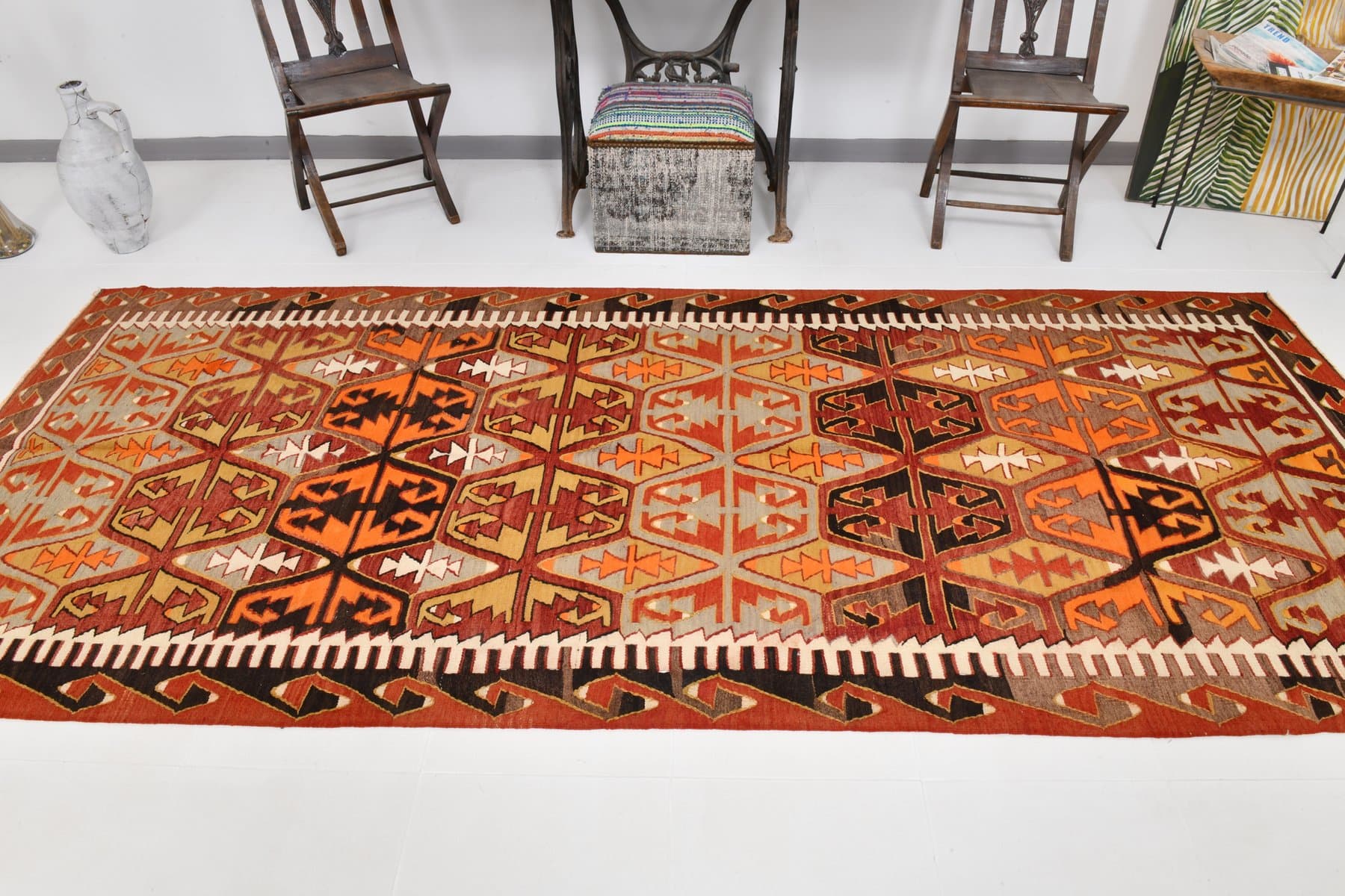 Kilim 140x327 cm, brązowy, pomarańczowy, wełna, lata 70. - 210400