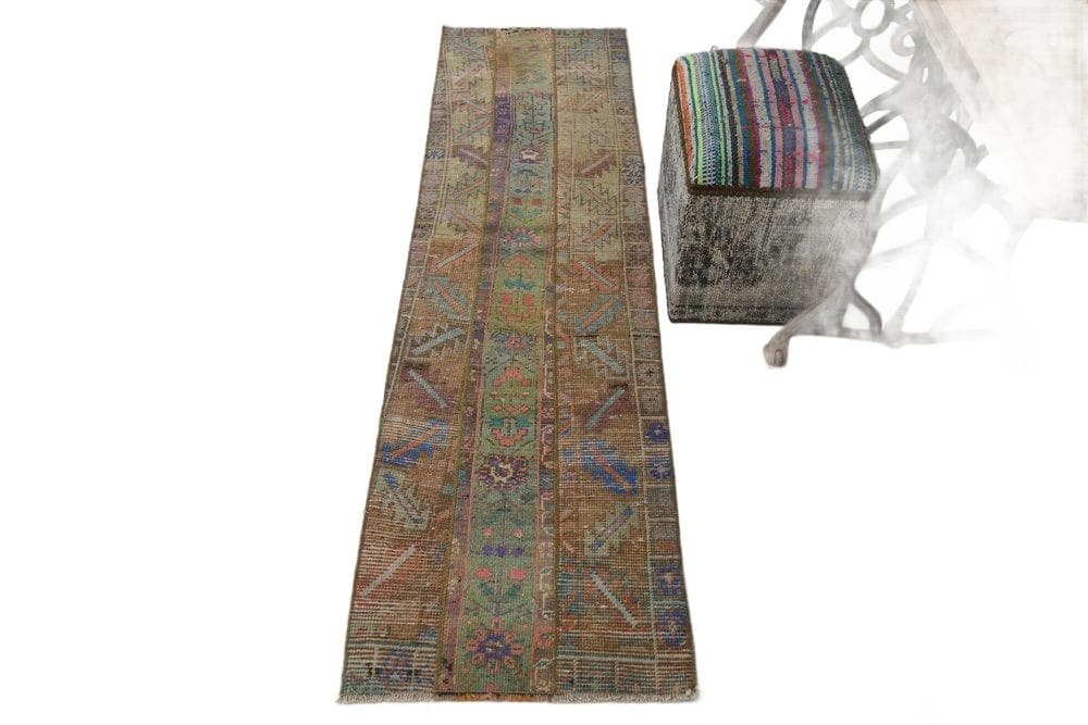 Chodnik 208x55 cm, oliwkowy, brązowy, wełna, lata 70. - 211387