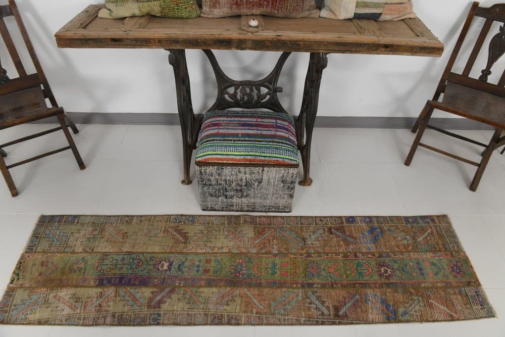 Chodnik 208x55 cm, oliwkowy, brązowy, wełna, lata 70. - 210380