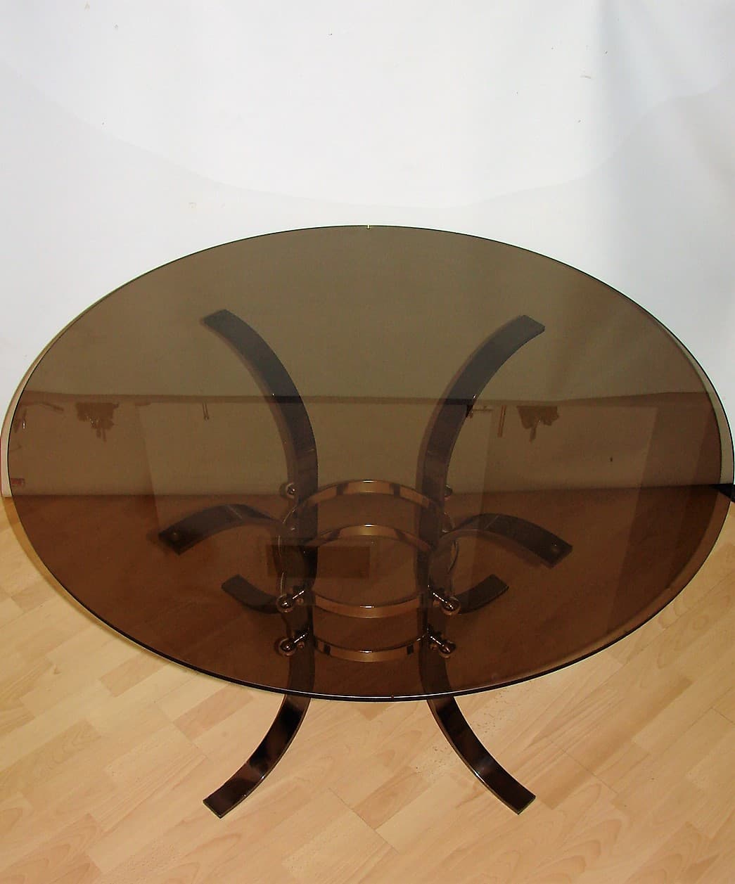 Stół kawowy okrągły Ø120 cm, złoty, mosiądz, szkło, lata 70. - 210371