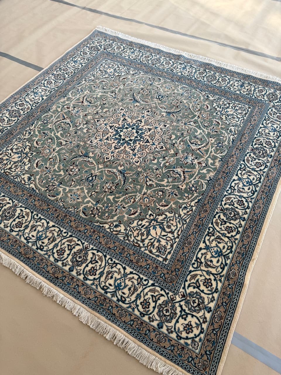 Dywan Nain 200x200 cm, niebieski, wełna jedwab, Iran - 210414