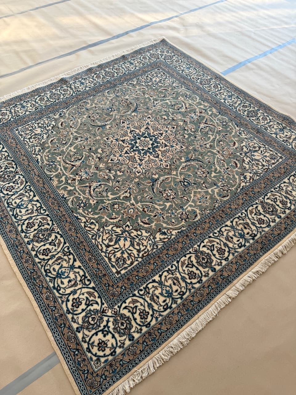 Dywan Nain 200x200 cm, niebieski, wełna jedwab, Iran - 210411