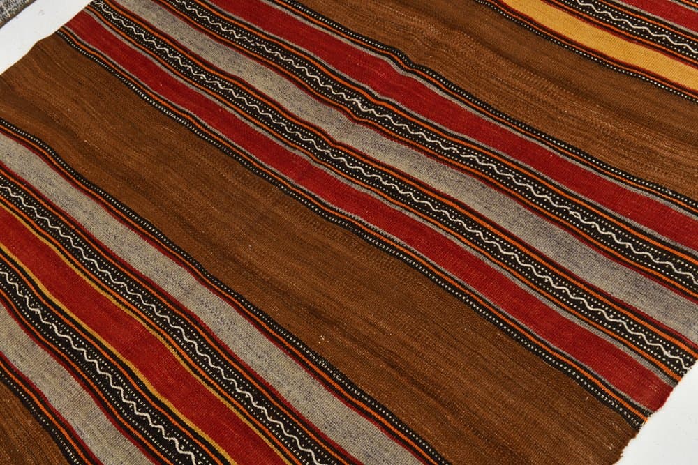 Kilim 213x139 cm, brązowy, czerwony, wełna, lata 70. - 211074