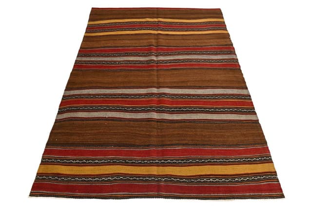 Kilim 213x139 cm, brązowy, czerwony, wełna, lata 70. - WYMIARY