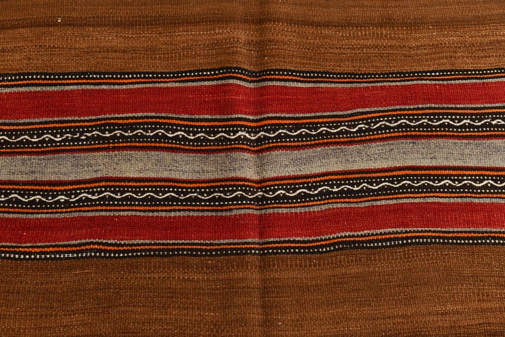 Kilim 213x139 cm, brązowy, czerwony, wełna, lata 70. - 211077