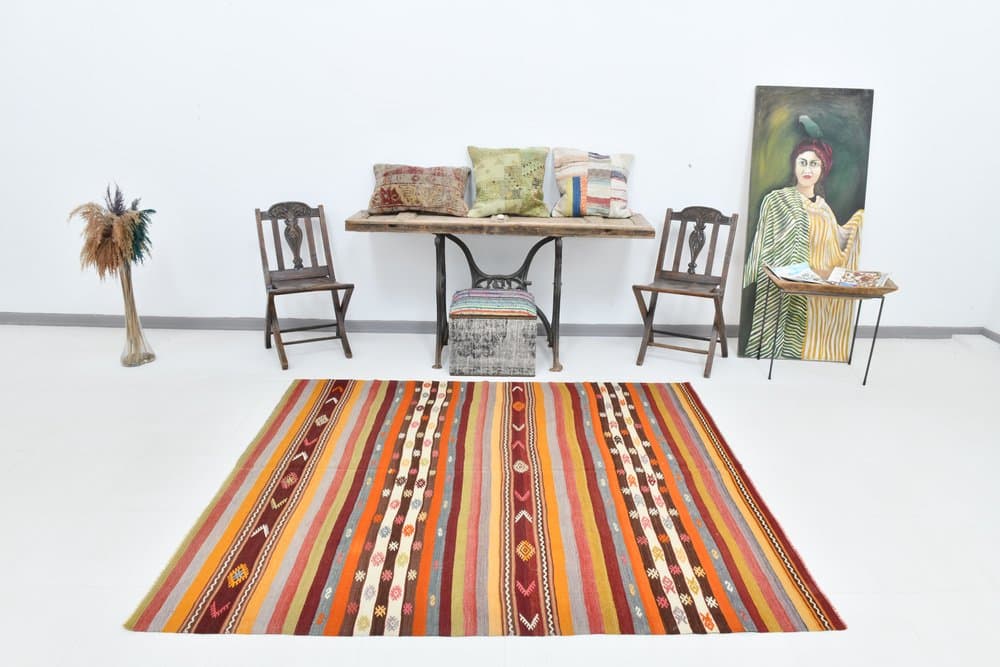 Kilim 210x178 cm, koralowy, czerwony, wełna, lata 70. - 211063