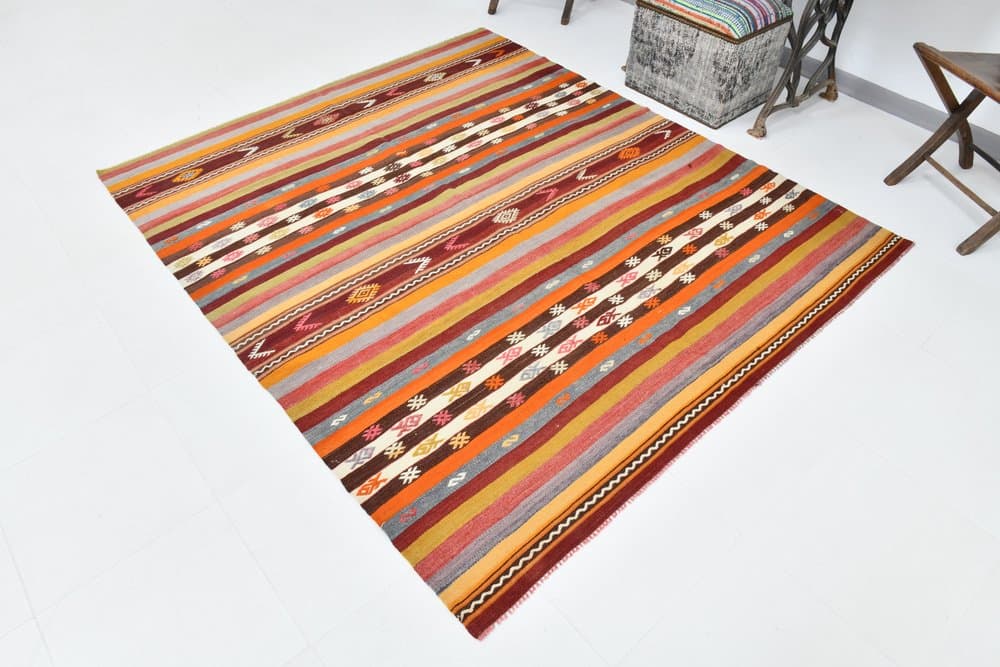 Kilim 210x178 cm, koralowy, czerwony, wełna, lata 70. - 211056
