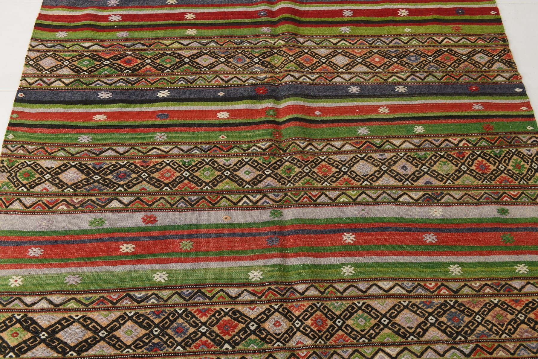 Kilim 167x253 cm, zielony, brązowy, wełna, lata 70. - 211049