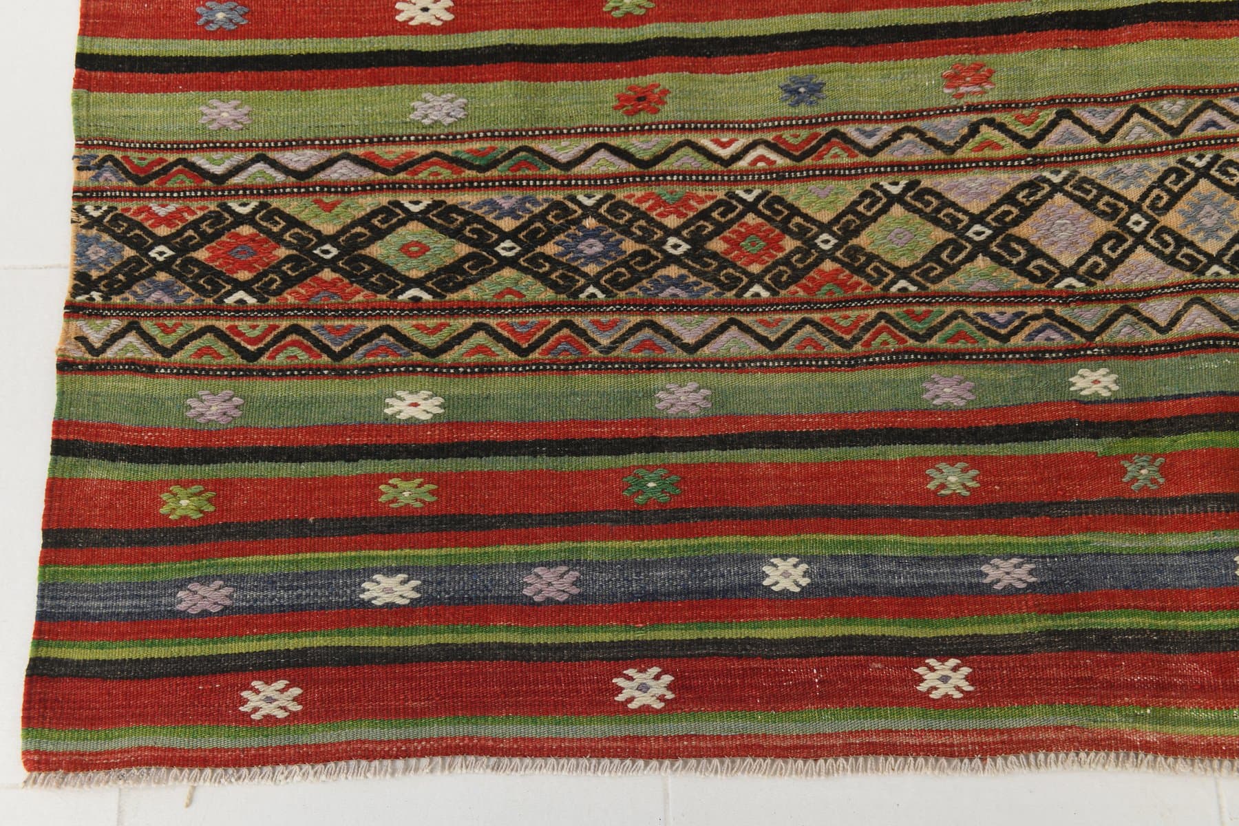 Kilim 167x253 cm, zielony, brązowy, wełna, lata 70. - 211053