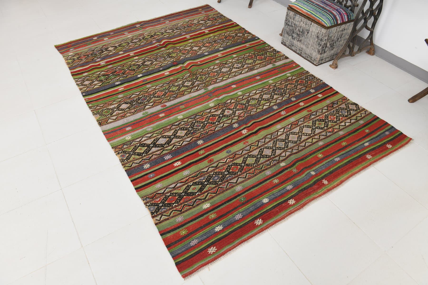 Kilim 167x253 cm, zielony, brązowy, wełna, lata 70. - 211046