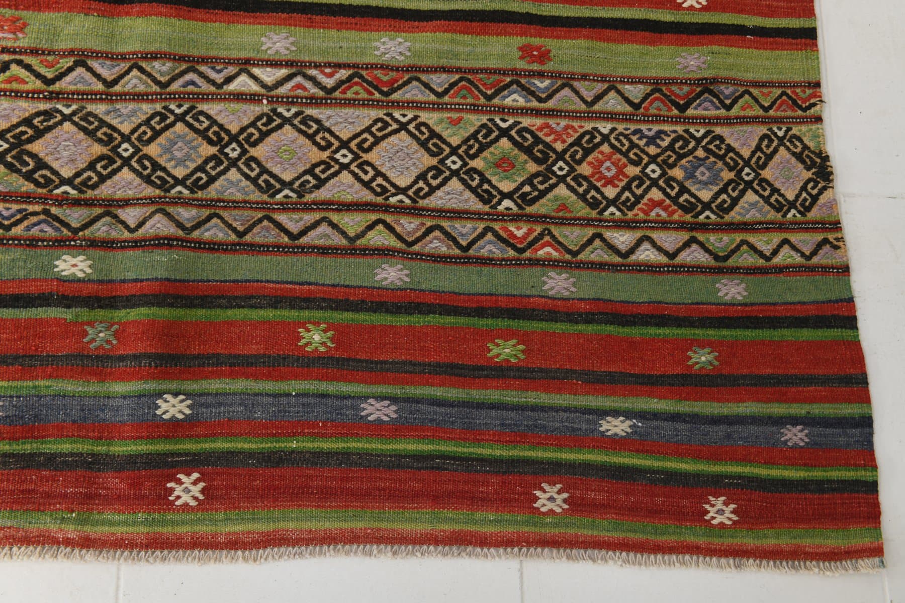 Kilim 167x253 cm, zielony, brązowy, wełna, lata 70. - 211054