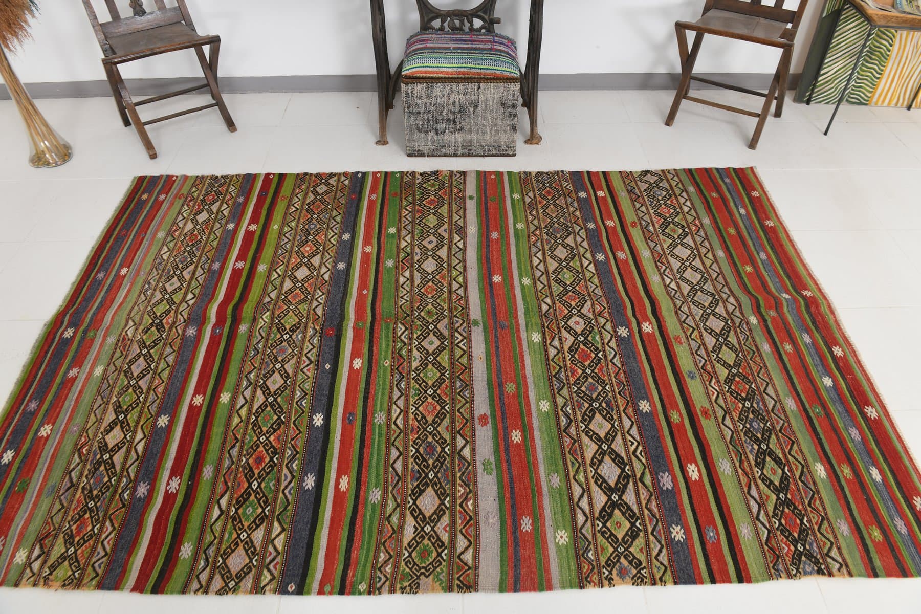 Kilim 167x253 cm, zielony, brązowy, wełna, lata 70. - 211047