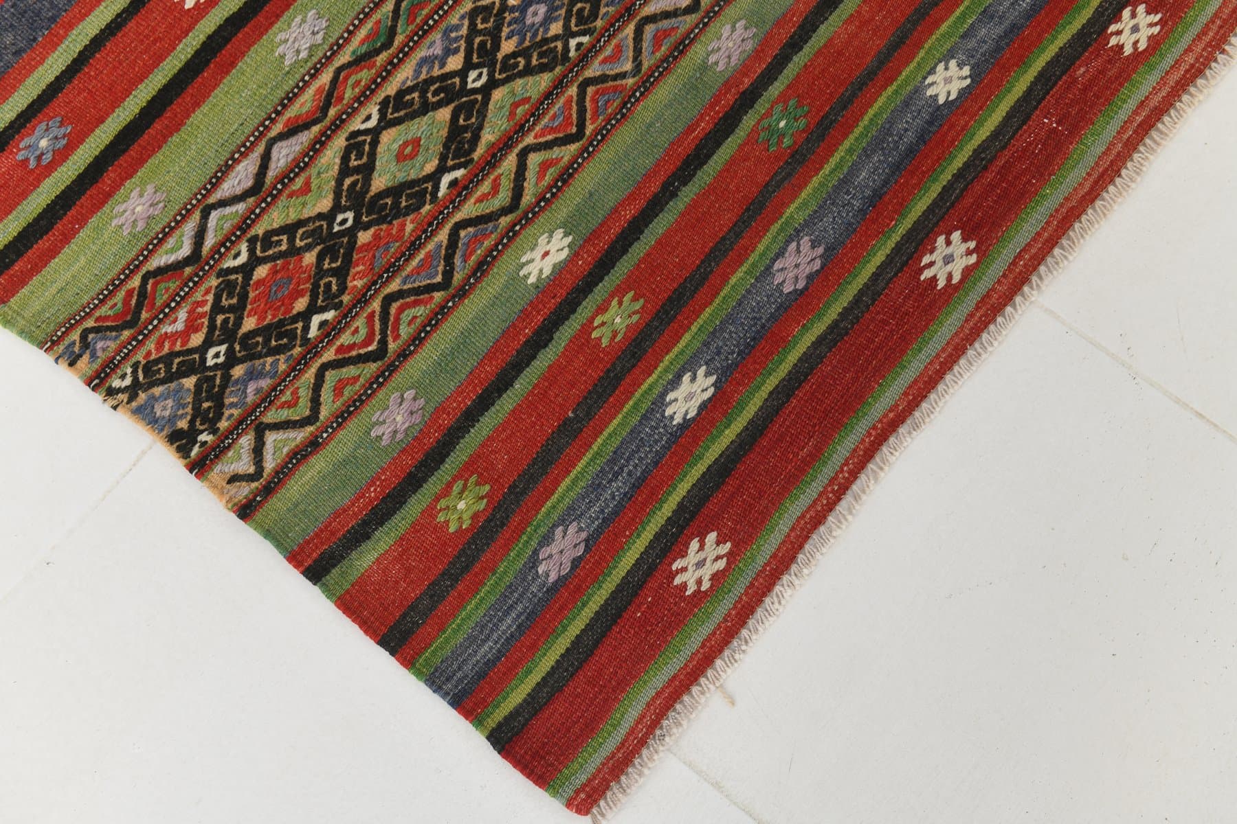 Kilim 167x253 cm, zielony, brązowy, wełna, lata 70. - 211045