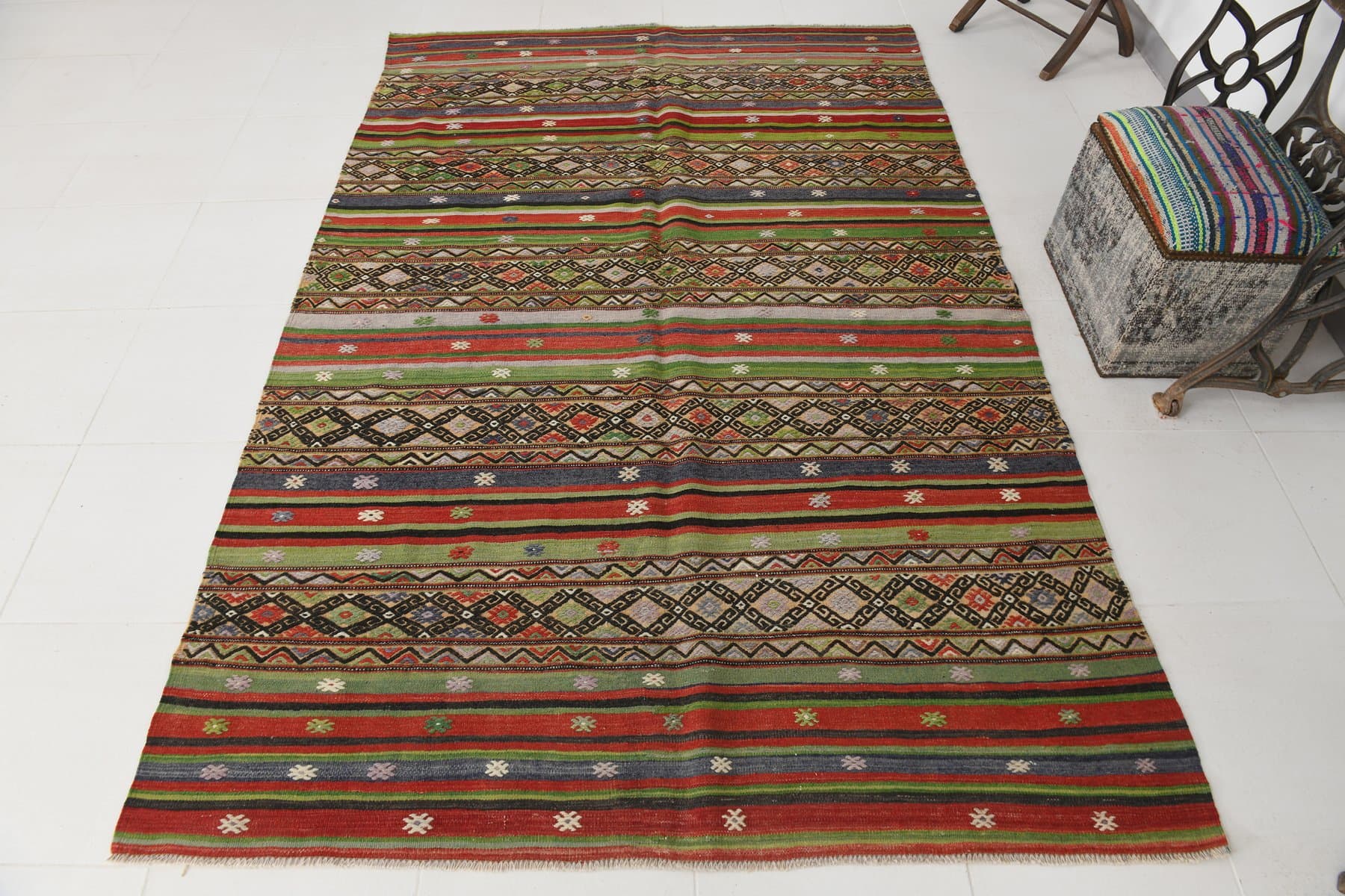 Kilim 167x253 cm, zielony, brązowy, wełna, lata 70. - 211043