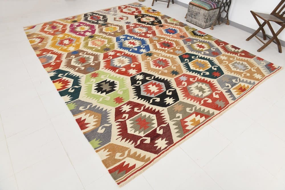 Kilim 350x259 cm, brązowy, czarny, wełna, lata 70. - 211269