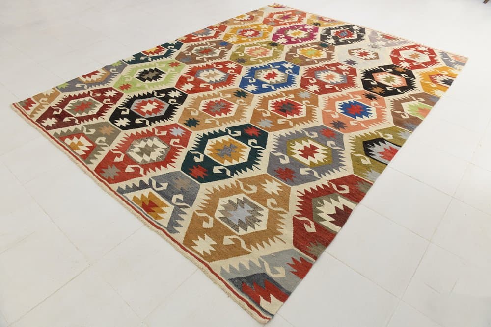 Kilim 350x259 cm, brązowy, czarny, wełna, lata 70. - 211268