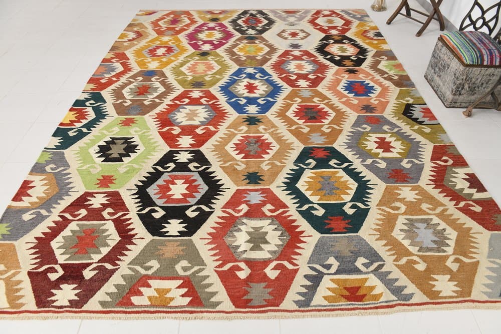 Kilim 350x259 cm, brązowy, czarny, wełna, lata 70. - 211266