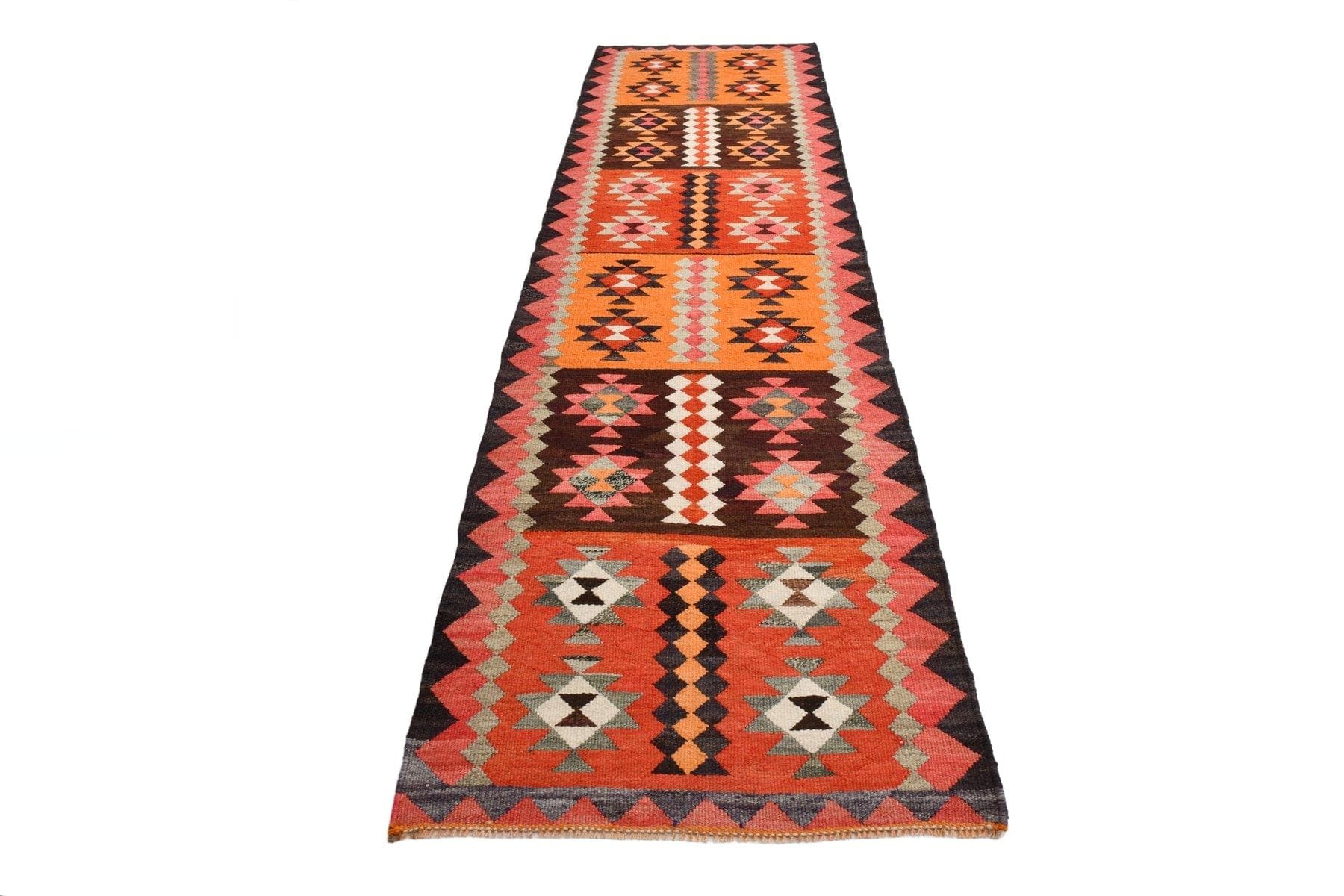 Chodnik kilimowy 330x93 cm, czarny, brązowy, wełna, Turcja, lata 60.