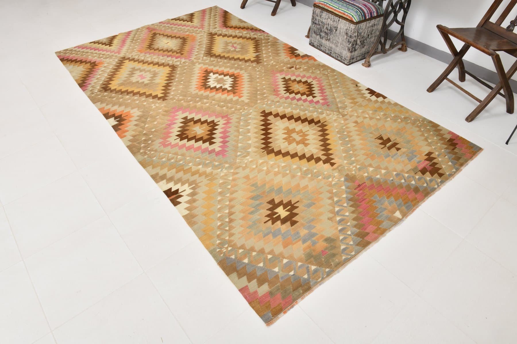 Kilim 167x290 cm, beżowy, brązowy, wełna, Turcja, lata 60. - 211231