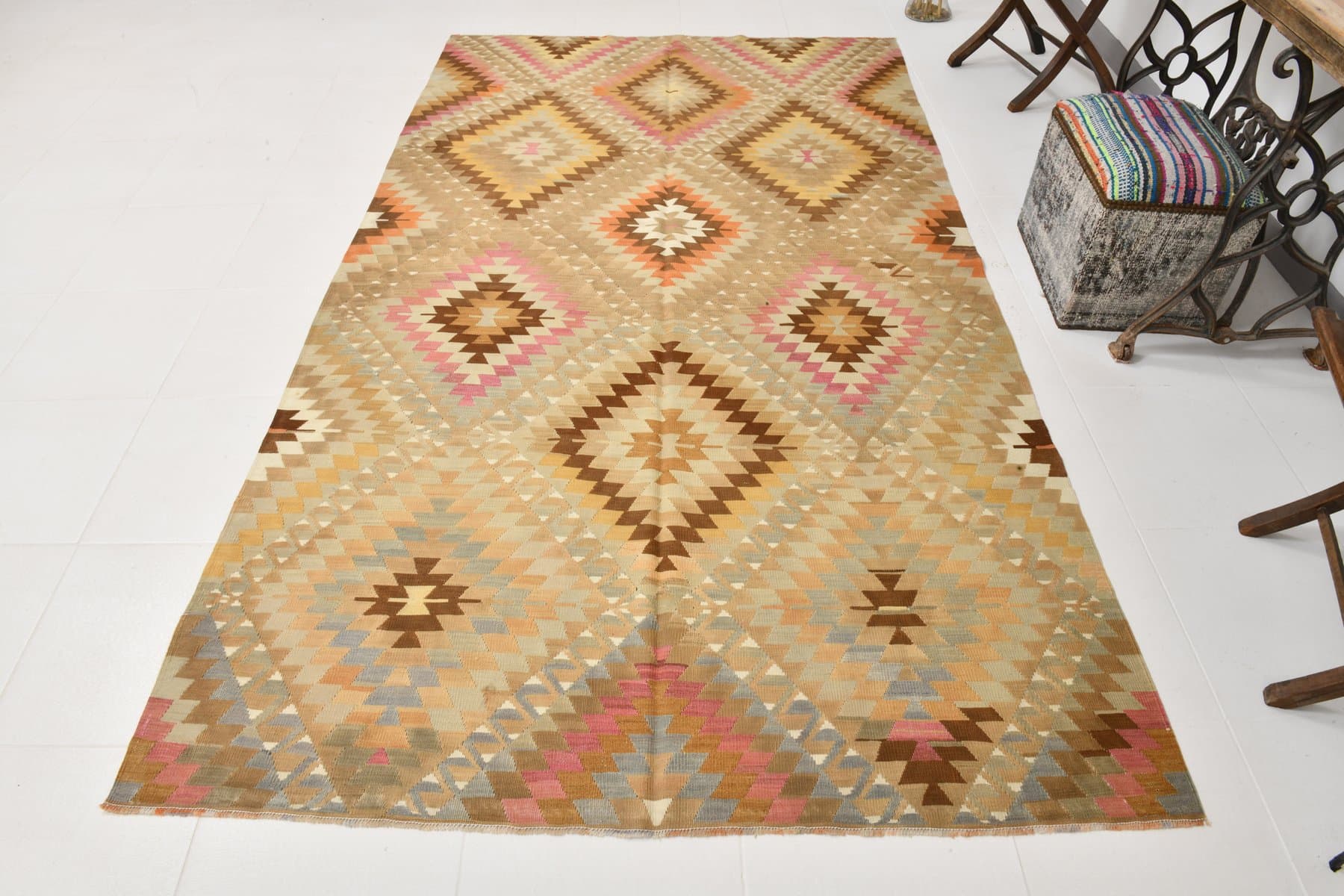 Kilim 167x290 cm, beżowy, brązowy, wełna, Turcja, lata 60. - 211232