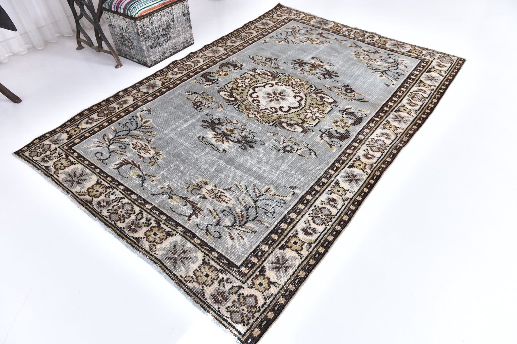 Dywan 166x246 cm, niebieski, brązowy, wełna, Turcja, lata 70. - 211219