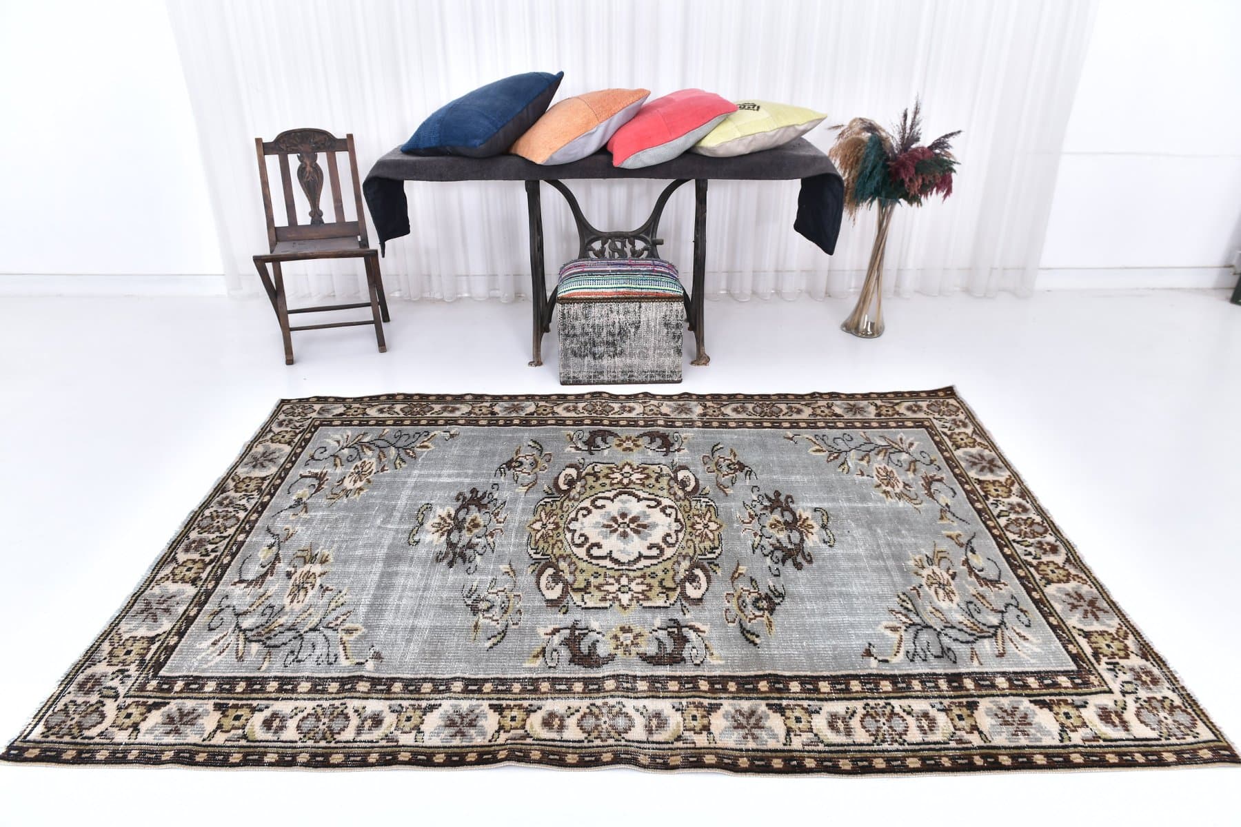 Dywan 166x246 cm, niebieski, brązowy, wełna, Turcja, lata 70. - 211220