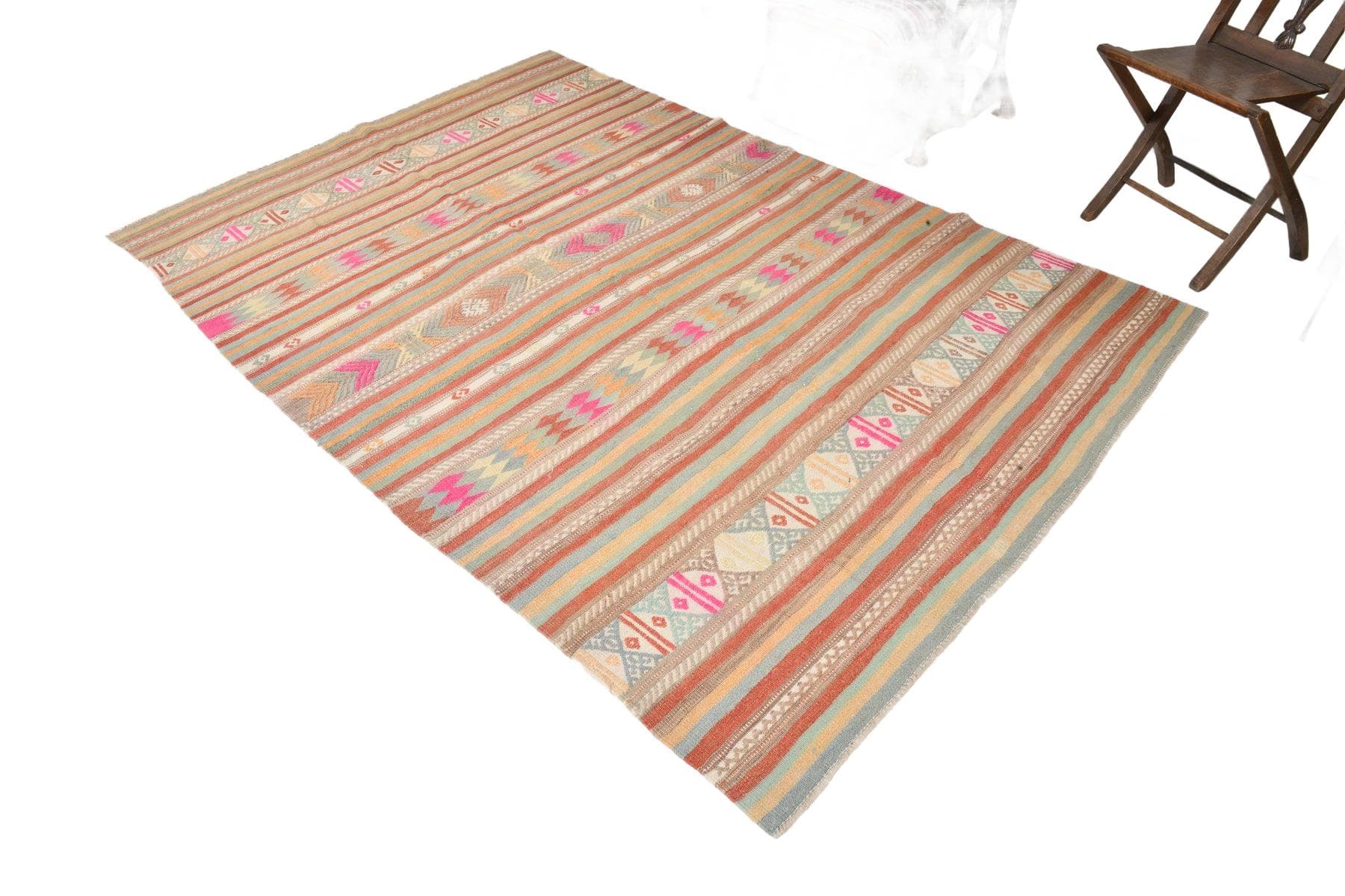 Kilim 252x170 cm, beżowy, różowy, wełna, lata 70. - 211207