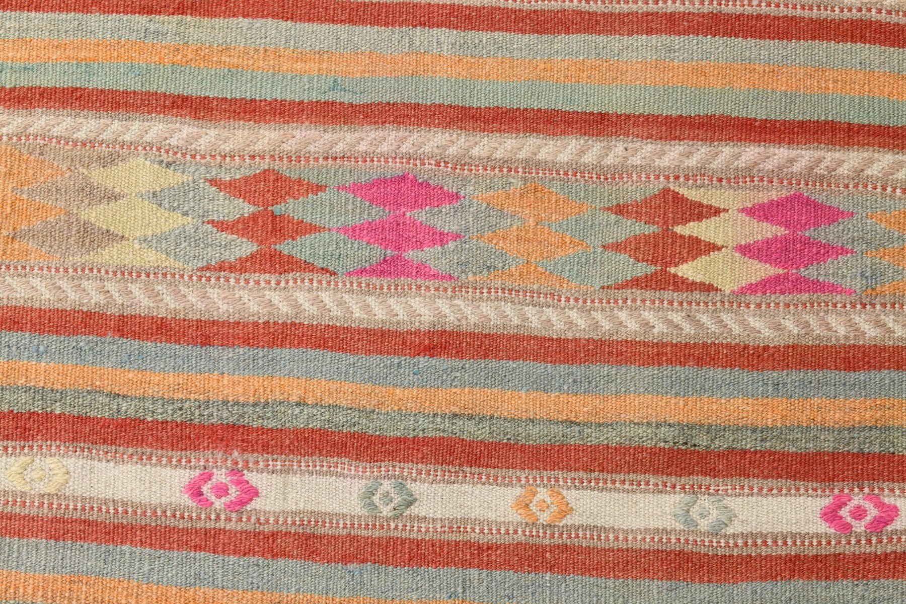 Kilim 252x170 cm, beżowy, różowy, wełna, lata 70. - 211213