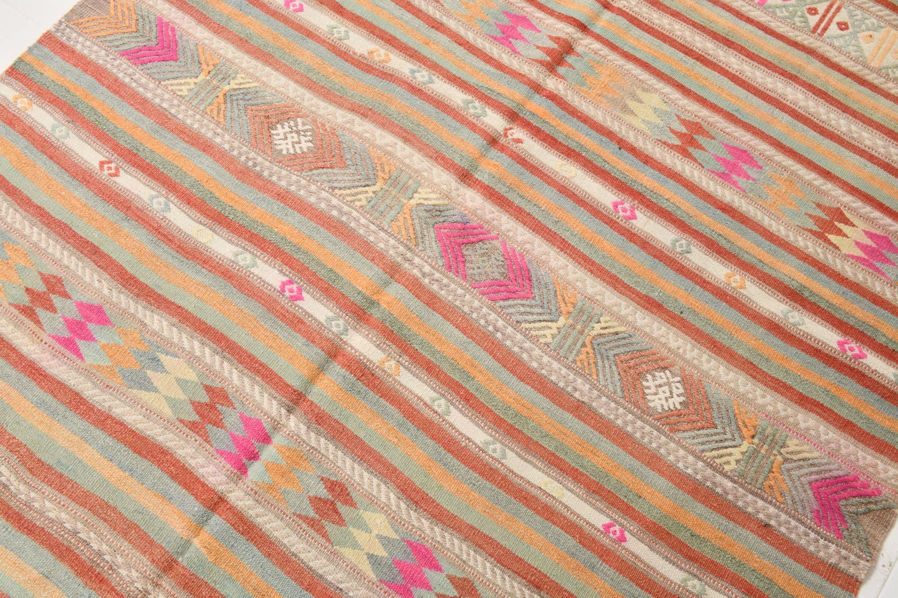 Kilim 252x170 cm, beżowy, różowy, wełna, lata 70. - 211211