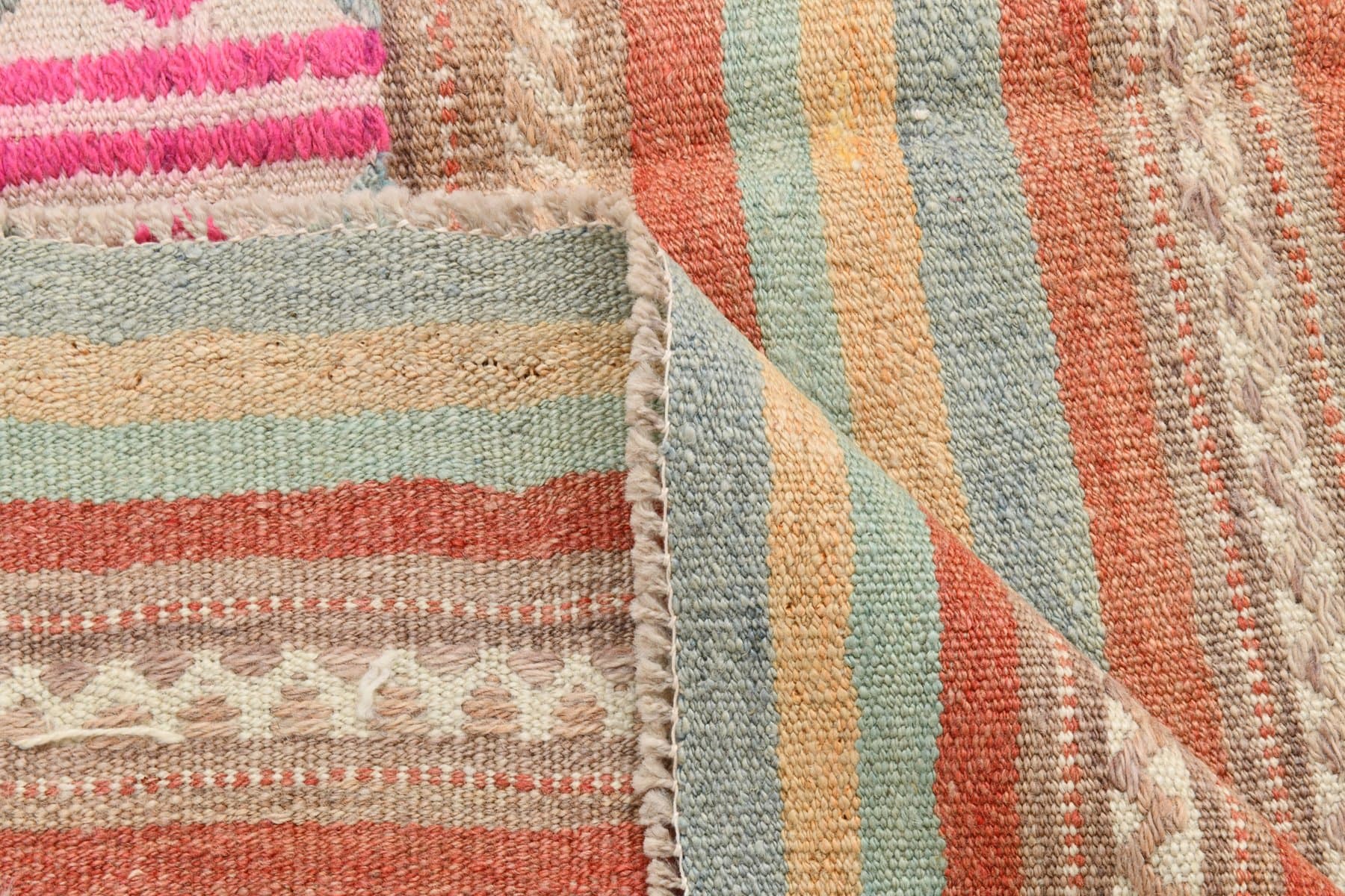 Kilim 252x170 cm, beżowy, różowy, wełna, lata 70. - 211216