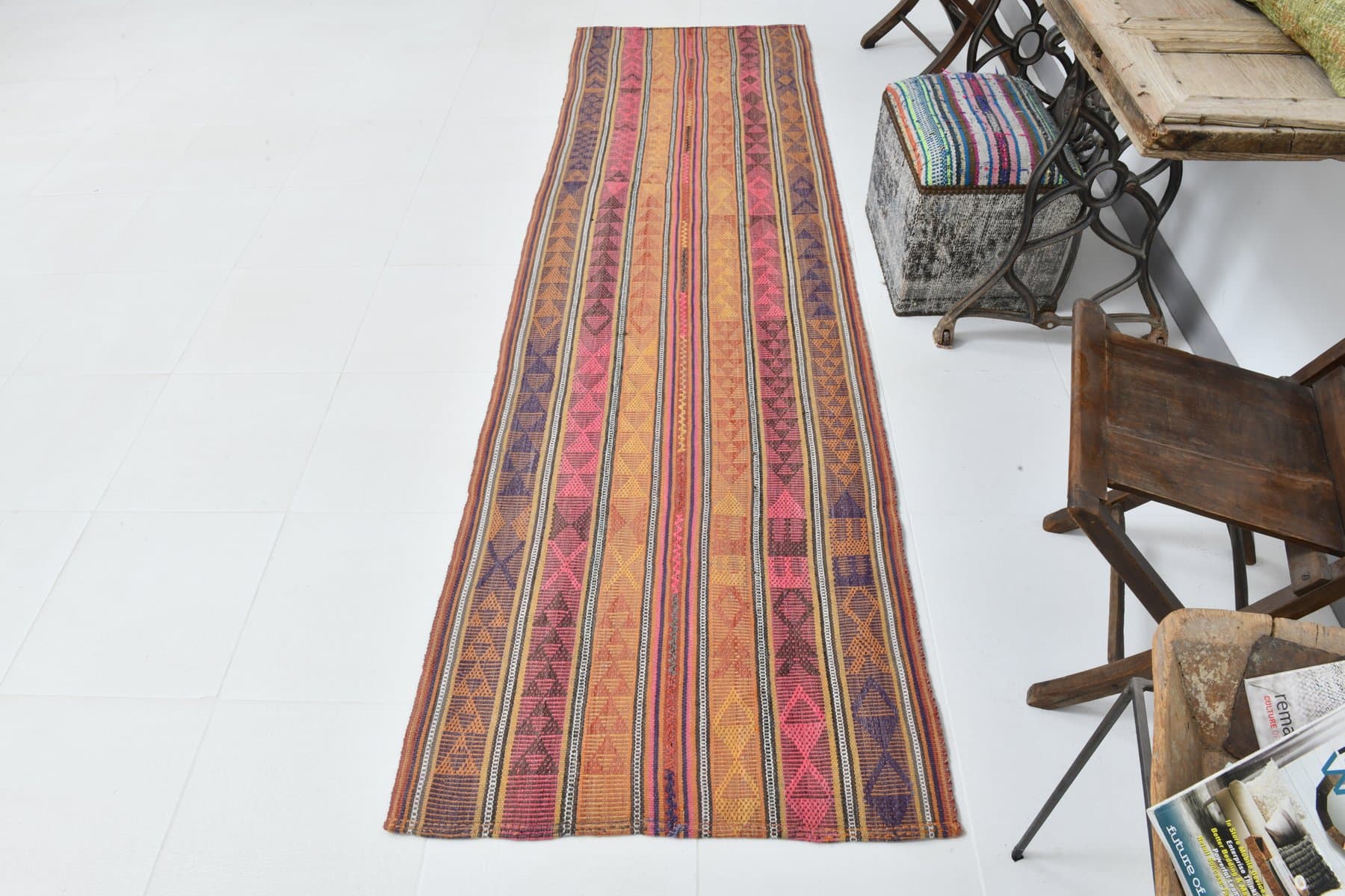 Chodnik 292x84 cm, pomarańczowy, fioletowy, wełna, Turcja, lata 60. - 211145