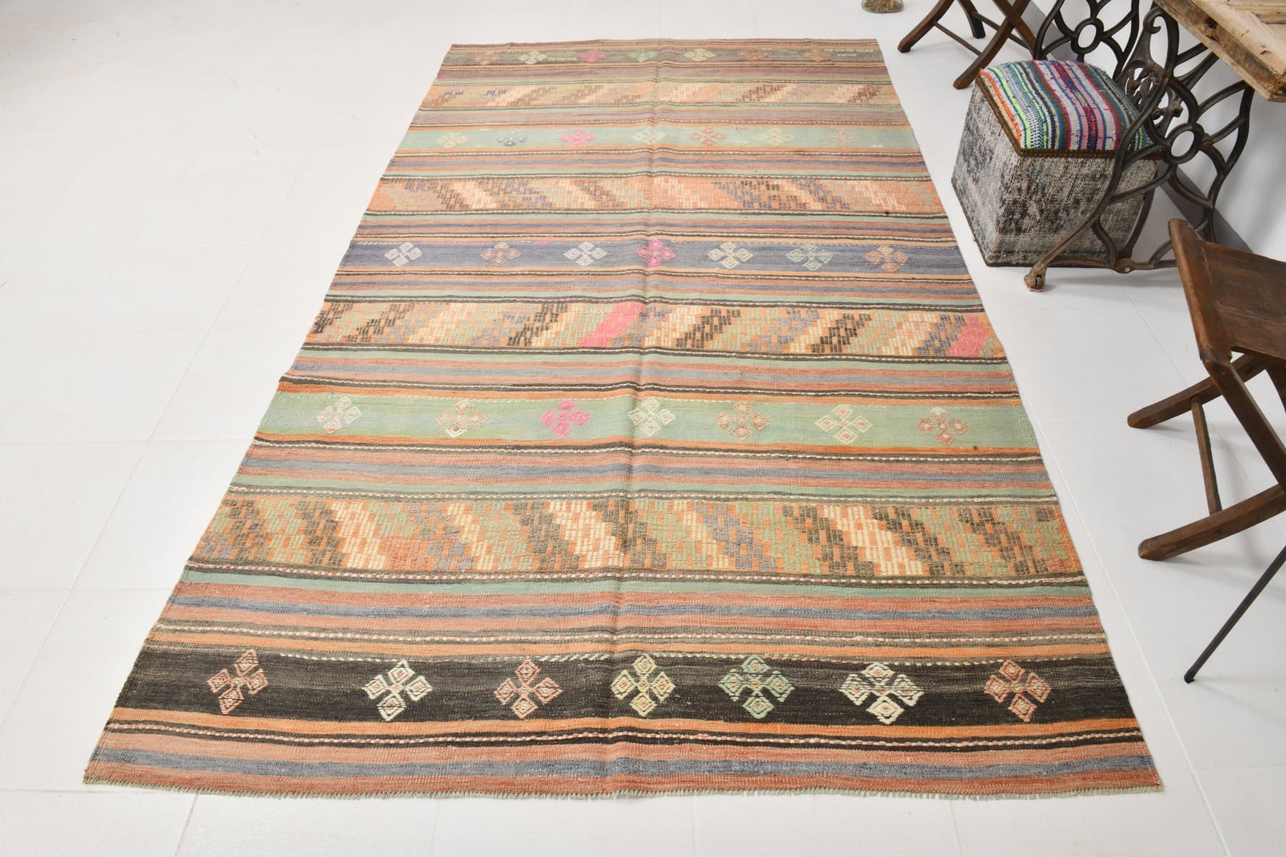 Kilim Rug 175x307 cm, orange, green, wool, Turkey, 1960s - 211110