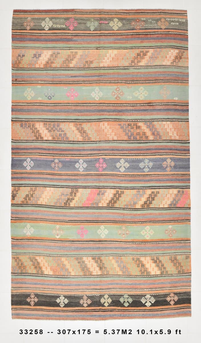 Kilim Rug 175x307 cm, orange, green, wool, Turkey, 1960s - 211109