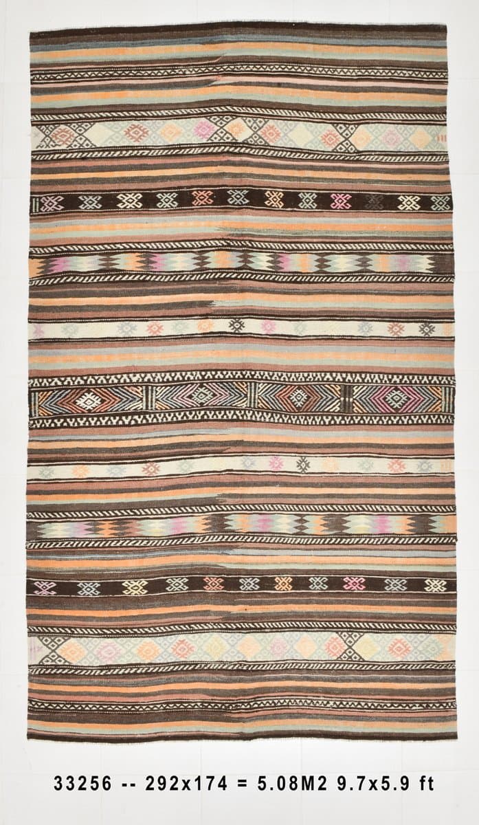 Kilim 174x292 cm, brown, orange, wool, Turkey, 1960s - 211097