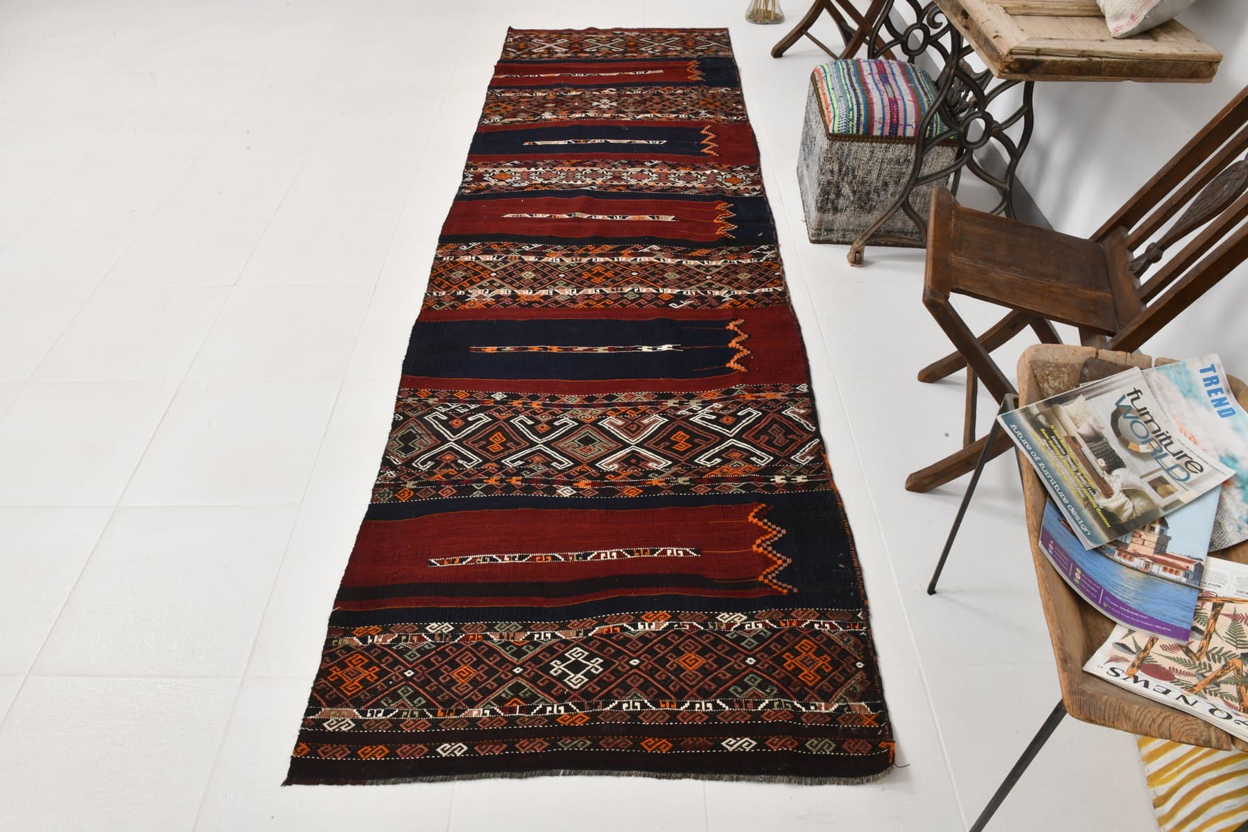 Runner 341x101 cm, red, beige, wool, Turkey, 1960s - 211087