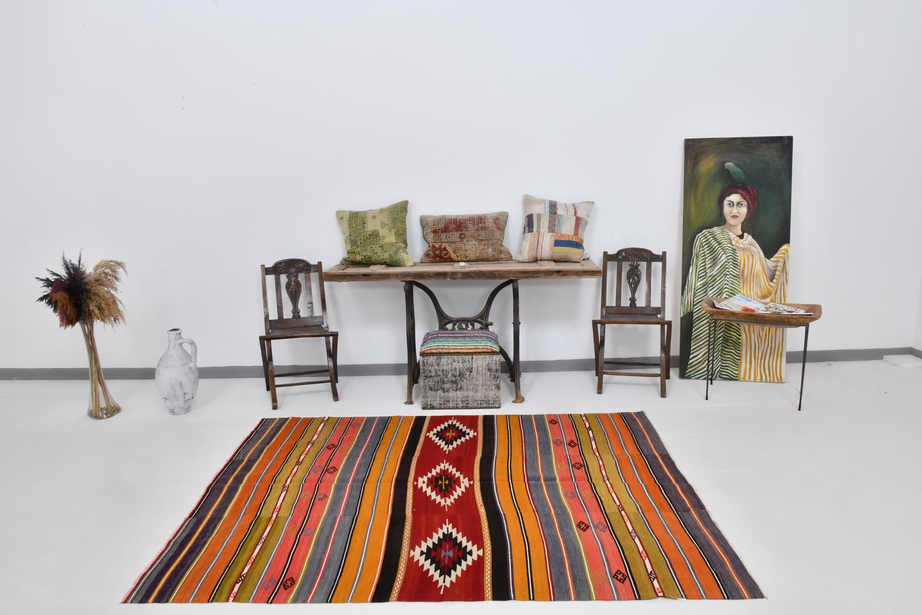 Kilim 215x163 cm, czerwony, zielony, wełna, lata 60. - 211344