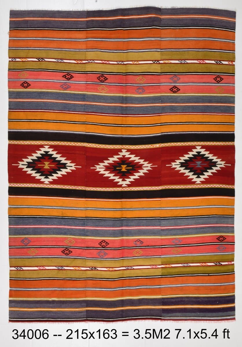 Kilim 215x163 cm, czerwony, zielony, wełna, lata 60. - 211338