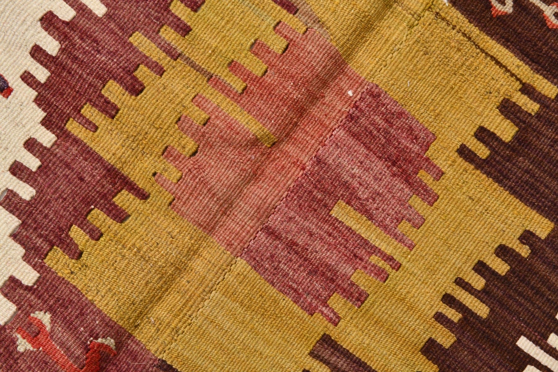 Kilim 155x330 cm, czerwony, złoty, wełna, lata 70. - 211284