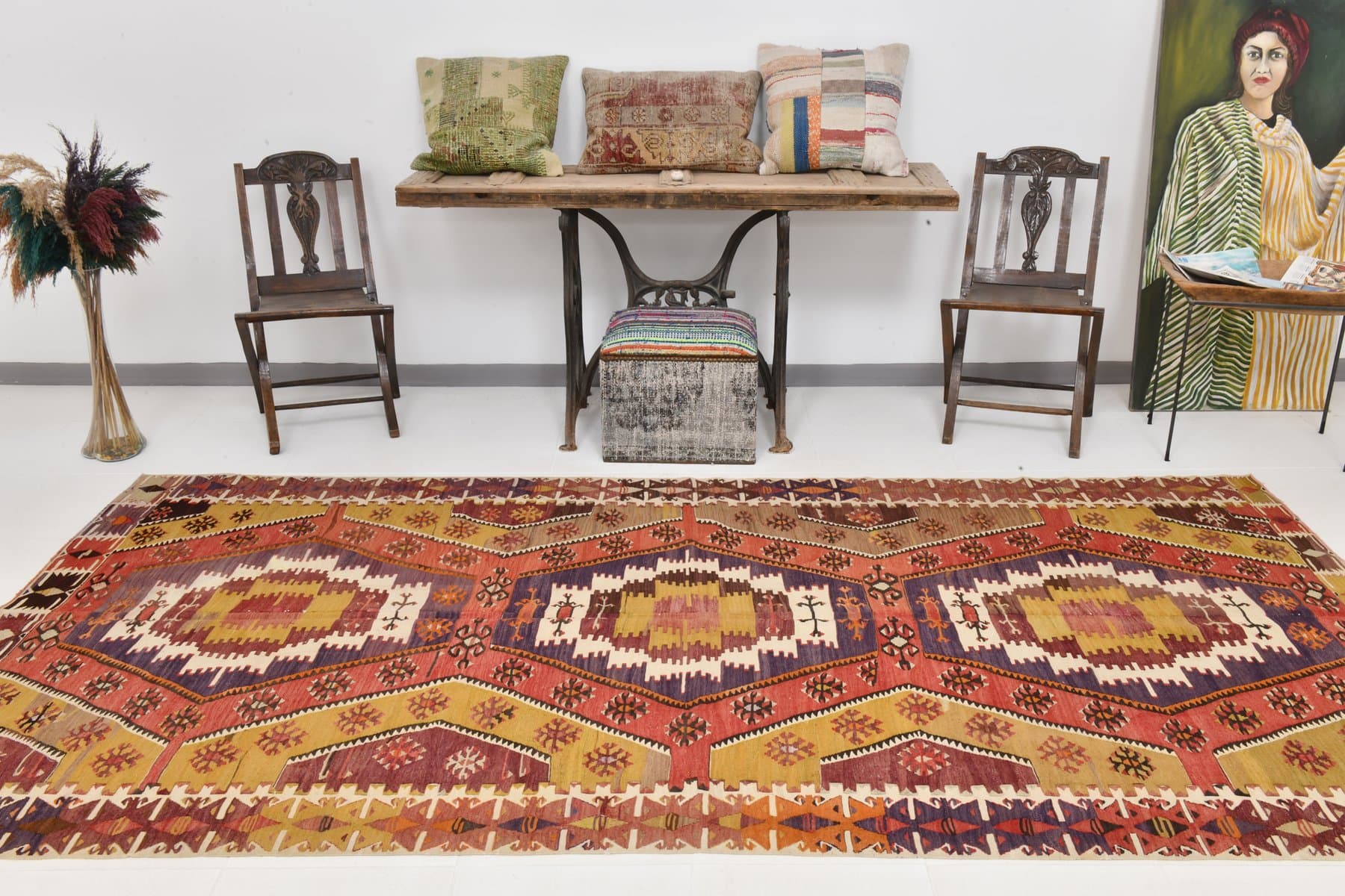 Kilim 155x330 cm, czerwony, złoty, wełna, lata 70. - 211281