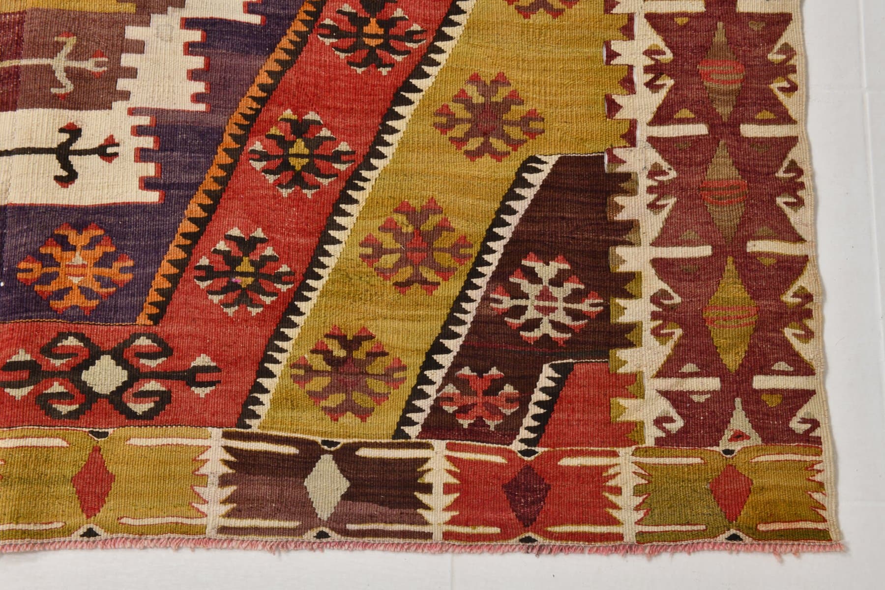 Kilim 155x330 cm, czerwony, złoty, wełna, lata 70. - 211288