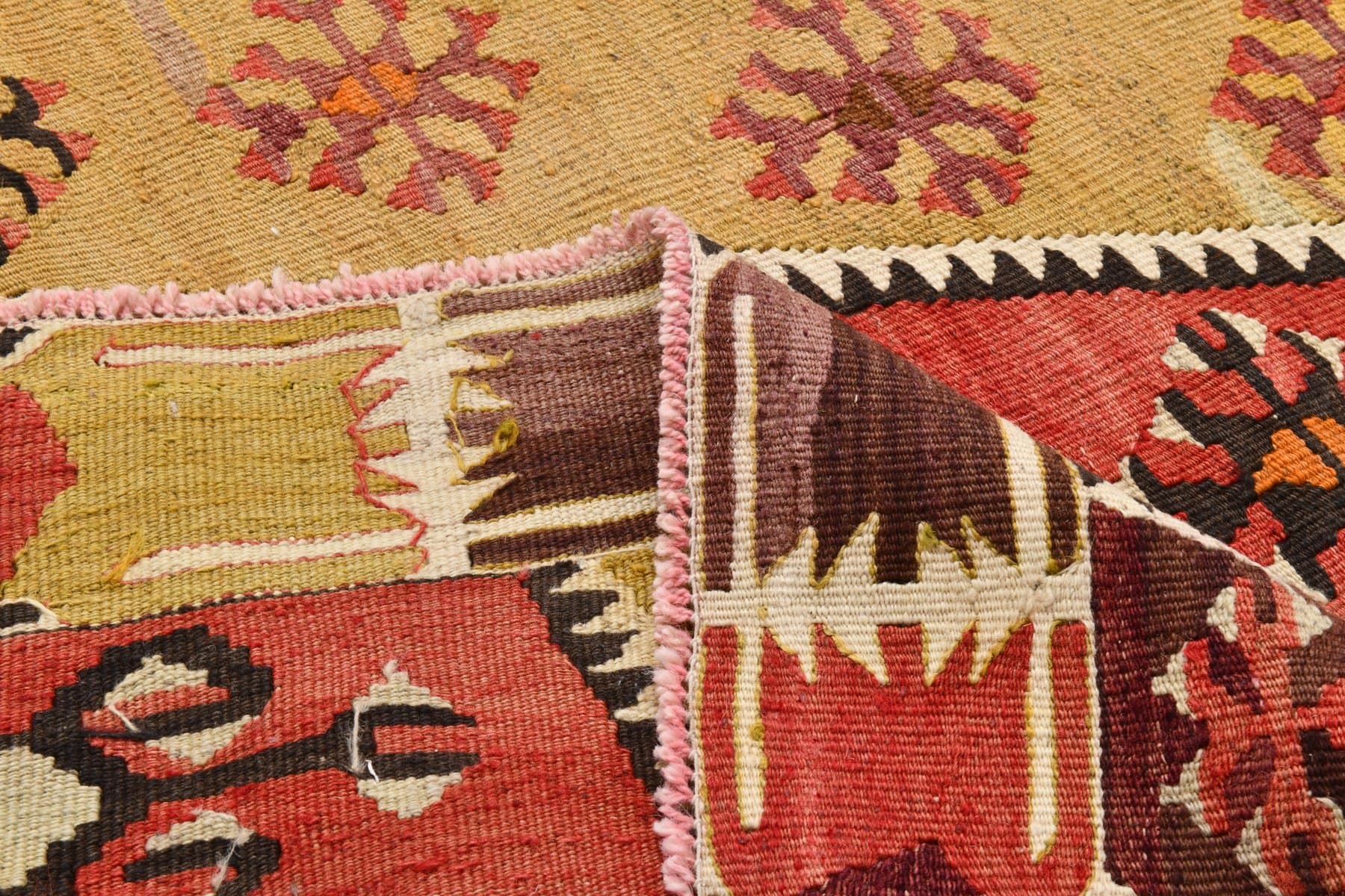 Kilim 155x330 cm, czerwony, złoty, wełna, lata 70. - 211285